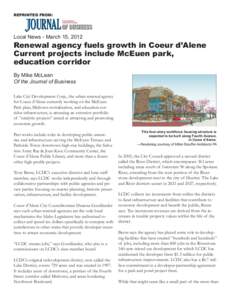 REPRINTED FROM:  Local News - March 15, 2012 Renewal agency fuels growth in Coeur d’Alene Current projects include McEuen park,