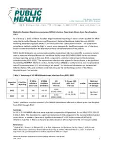 Methicillin-Resistant Staphylococcus aureus (MRSA) Infections Reporting in Illinois Acute Care Hospitals,  2013 As of January 1, 2012, all Illinois hospitals began mandated reporting of blood cultures positive for MRSA u
