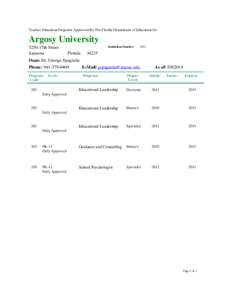 Teacher Education Programs Approved By The Florida Department of Education for:  Argosy University 5250 17th Street Sarasota