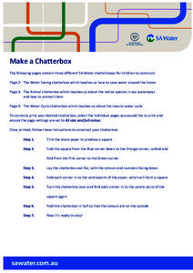 Make a Chatterbox The following pages contain three different SA Water chatterboxes for children to construct. Page 2- The Water Saving chatterbox which teaches us how to save water around the home Page 3- The Animal cha