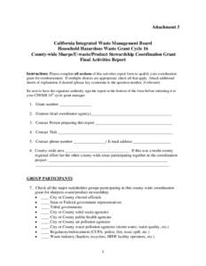 Countywide Sharps/U-waste/Product Stewardship Coordination Grant Final Report Form: HHW FY[removed]