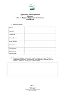 Application for Independent Member City of Playford Corporate Governance Committee  1. Personal Details