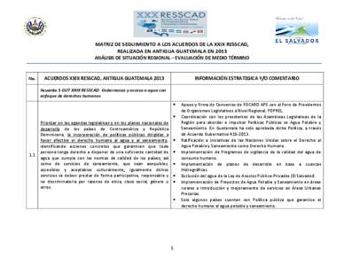 MATRIZ DE SEGUIMIENTO A LOS ACUERDOS DE LA XXIX RESSCAD, REALIZADA EN ANTIGUA GUATEMALA EN 2013 ANÁLISIS DE SITUACIÓN REGIONAL – EVALUACIÓN DE MEDIO TÉRMINO No.