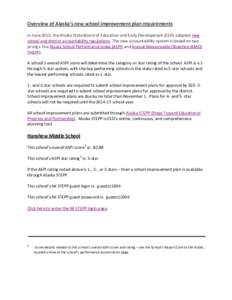 Overview of Alaska’s new school improvement plan requirements In June 2013, the Alaska State Board of Education and Early Development (EED) adopted new school and district accountability regulations. The new accountabi