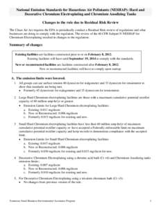 National Emission Standards for Hazardous Air Pollutants (NESHAP): Hard and Decorative Chromium Electroplating and Chromium Anodizing Tanks Changes to the rule due to Residual Risk Review The Clean Air Act requires the E