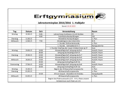JahresterminplanHalbjahr Stand: Tag  Datum
