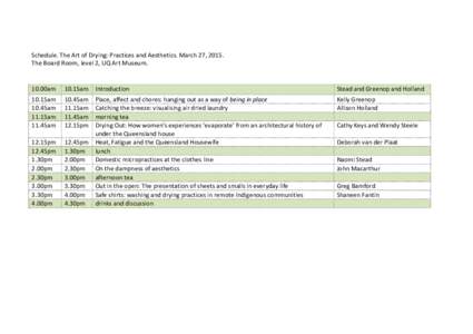 Schedule.)The)Art)of)Drying:)Practices)and)Aesthetics.)March)27,)The)Board)Room,)level)2,)UQ)Art)Museum.)) )) ) ) )