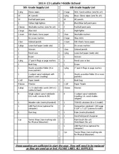 [removed]LaSalle Middle School 5th Grade Supply List 6th Grade Supply List  1 pkg