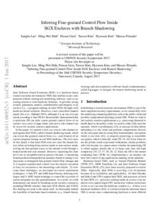 Inferring Fine-grained Control Flow Inside SGX Enclaves with Branch Shadowing Sangho Lee† Ming-Wei Shih† Prasun Gera† Taesoo Kim† Hyesoon Kim† Marcus Peinado∗ arXiv:1611.06952v3 [cs.CR] 1 Jun 2017