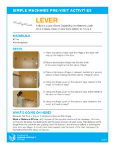 SIMPLE MACHINES PRE-VISIT ACTIVITIES  LEVER A door is a type of lever. Depending on where you push on it, it takes more or less force (effort) to move it.