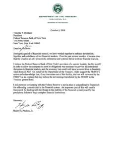 Letter regarding AIG, October 8, 2008