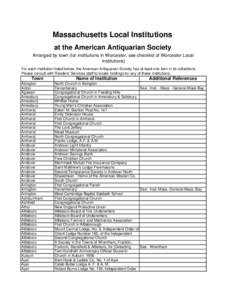 Massachusetts Local Institutions at the American Antiquarian Society Arranged by town (for institutions in Worcester, see checklist of Worcester Local Institutions) For each institution listed below, the American Antiqua