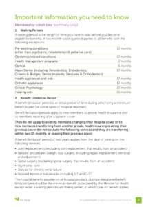 Important information you need to know Membership conditions (summary only) 1.	 Waiting Periods A waiting period is the length of time you have to wait before you become eligible for benefits. A two month waiting period 