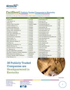 FactSheet} Publicly Traded Companies in Kentucky Listed below are the top 25 (by revenue) publicly traded companies headquartered in Kentucky. Company City