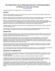 The Vehicle Power Line as a Redundant Channel for CAN Communication Yair Maryanka, Dr. Ofer Amrani, Amir Rubin Yamar Electronics Ltd.