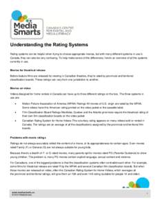 Understanding the Rating Systems Rating systems can be helpful when trying to choose appropriate movies, but with many different systems in use in Canada, they can also be very confusing. To help make sense of the differ