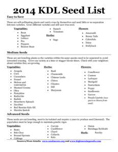 2014 KDL Seed List  Easy to Save These are self-pollinating plants and rarely cross by themselves and need little or no separation between varieties. Grow different varieties and still save true seed.