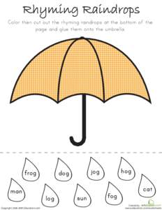 Rhyming Raindrops Color then cut out the rhyming raindrops at the bottom of the page and glue them onto the umbrella. frog man