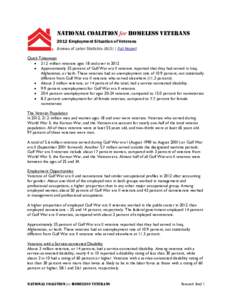 National Coalition for Homeless Veterans 2012 Employment Situation of Veterans Bureau of Labor Statistics (BLS) | Full Report Quick Takeaways • 21.2 million veterans ages 18 and over in 2012 • Approximately 35 percen