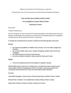 Addendum to the February 25, 2011 document in support for the Coalition for Urban Ash Tree Conservation’s Emerald Ash Borer Management Statement Parks and Open Space, Oakville, Ontario, Canada Tree Canada/Arbres Canada