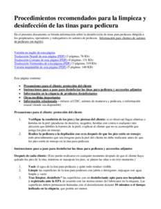 Procedimientos recomendados para la limpieza y desinfección de las tinas para pedicura __________________________________________________________________________________ En el presente documento se brinda información s