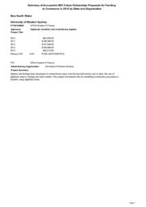 Summary of Successful ARC Future Fellowships Proposals for Funding to Commence in 2010 by State and Organisation New South Wales University of Western Sydney FT100100898