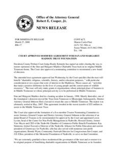 Office of the Attorney General Robert E. Cooper, Jr. NEWS RELEASE FOR IMMEDIATE RELEASE March 27, 2008