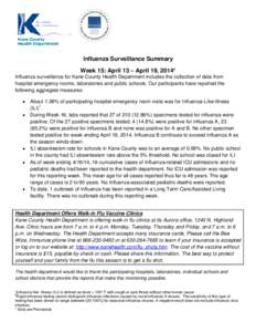 Influenza Surveillance Summary Week 15: April 13 – April 19, 2014* Influenza surveillance for Kane County Health Department includes the collection of data from hospital emergency rooms, laboratories and public schools