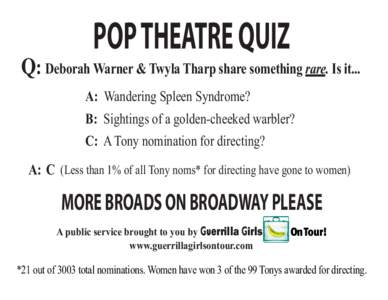 POP THEATRE QUIZ  Q: Deborah Warner & Twyla Tharp share something rare. Is it... A: Wandering Spleen Syndrome? B: Sightings of a golden-cheeked warbler? C: A Tony nomination for directing?