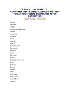 9 FAM[removed]EXHIBIT I COUNTRIES THAT EXTEND PASSPORT VALIDITY FOR AN ADDITIONAL SIX MONTHS AFTER EXPIRATION (CT:VISA-1265; [removed]Office of Origin: CA/VO/L/R)