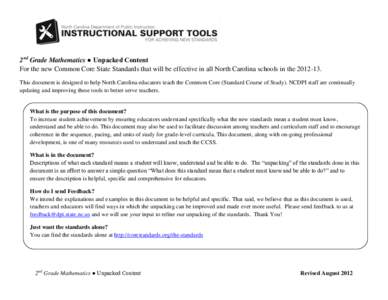 2nd Grade Mathematics ● Unpacked Content For the new Common Core State Standards that will be effective in all North Carolina schools in the[removed]This document is designed to help North Carolina educators teach the