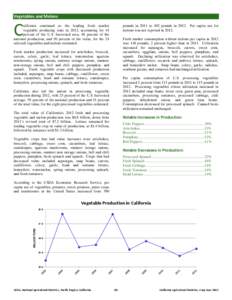 Vegetables and Melons   C  alifornia continued as the leading fresh market vegetable producing state in 2012, accounting for 44