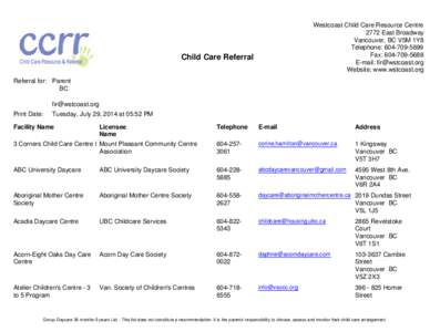 Westcoast Child Care Resource Centre 2772 East Broadway Vancouver, BC V5M 1Y8 Telephone: [removed]Fax: [removed]E-mail: [removed]