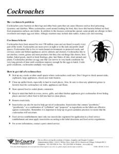 Cockroaches The cockroach problem Cockroaches carry bacteria on their legs and other body parts that can cause illnesses such as food poisoning,