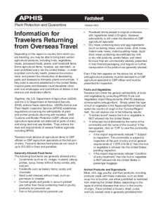 APHIS	 Plant Protection and Quarantine Information for Travelers Returning from Overseas Travel