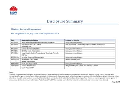 Disclosure Summary Minister for Local Government For the period of 01 July 2014 to 30 September 2014 Date[removed]2014