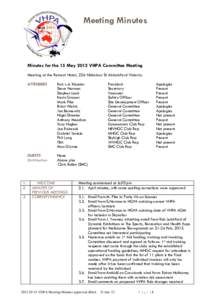 Meeting Minutes Sept 2011 Minutes for the 15 May 2012 VHPA Committee Meeting Meeting at the Retreat Hotel, 226 Nicholson St Abbotsford Victoria.