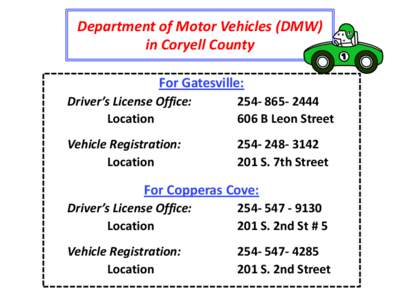 Department of Motor Vehicles (DMW) in Coryell County For Gatesville: Driver’s License Office: Location