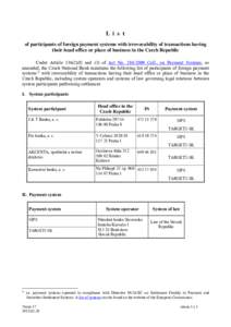 L i s t of participants of foreign payment systems with irrevocability of transactions having their head office or place of business in the Czech Republic Under Article[removed]f) and (3) of Act No[removed]Coll., on Pay