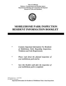 State of California Business, Transportation and Housing Agency Department of Housing and Community Development Division of Codes and Standards  MOBILEHOME PARK INSPECTION