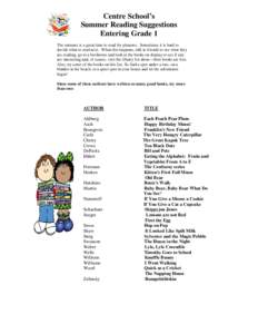 Centre School’s Summer Reading Suggestions Entering Grade 1 The summer is a great time to read for pleasure. Sometimes it is hard to decide what to read next. When this happens, talk to friends to see what they are rea