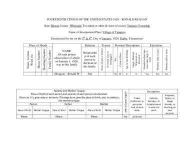 FOURTEENTH CENSUS OF THE UNITED STATES 1920 – RONALD REAGAN State Illinois County Whiteside Township or other division of county Tampico Township Name of Incorporated Place Village of Tampico Enumerated by me on the 5t