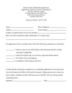 Bruno Family Scholarship Application Applications and Essay must be submitted to: Howard Community College Dr. Helen Mitchell, room HVPA 220A[removed]Little Patuxent Parkway Columbia, MD 21044