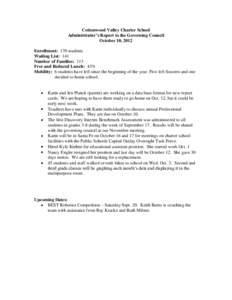 Cottonwood Valley Charter School Administrator’s Report to the Governing Council October 10, 2012 Enrollment: 170 students Waiting List: 141 Number of Families: 113