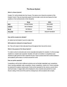 The House System What is a House System? Grades 7-12 will be divided into four Houses. The names were chosen by members of the Student Council. They are important people from the Arabic world who are famous for their qua