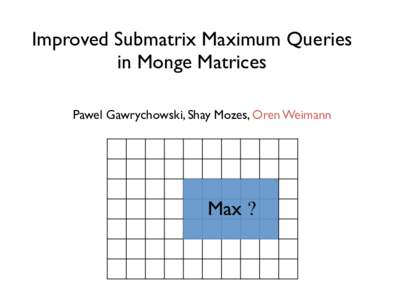 Improved Submatrix Maximum Queries in Monge Matrices Pawel Gawrychowski, Shay Mozes, Oren Weimann Max ?