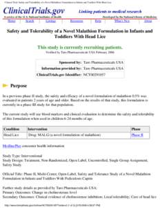 Clinical Trial: Safety and Tolerability of a Novel Malathion Formulation in Infants and Toddlers With Head Lice