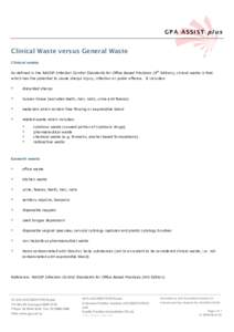 GPA ASSIST plus  Clinical Waste versus General Waste Clinical waste As defined in the RACGP Infection Control Standards for Office Based Practices (4th Edition), clinical waste is that which has the potential to cause sh