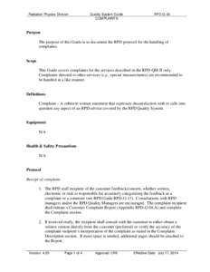 Radiation Physics Division  Quality System Guide COMPLAINTS  RPD-G-04