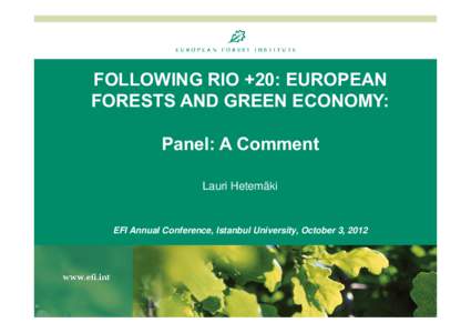 FOLLOWING RIO +20: EUROPEAN FORESTS AND GREEN ECONOMY: Panel: A Comment Lauri Hetemäki  EFI Annual Conference, Istanbul University, October 3, 2012